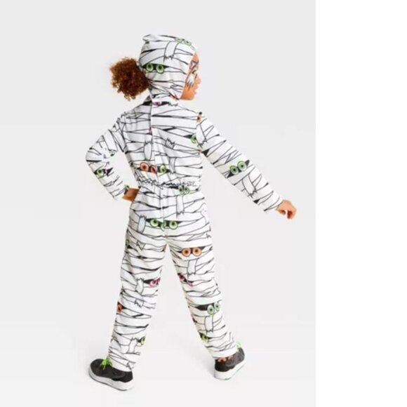 Mummy Halloween Costume 12/14 White Hooded Jumpsuit Unisex Blacklight Responsive - Picture 3 of 5